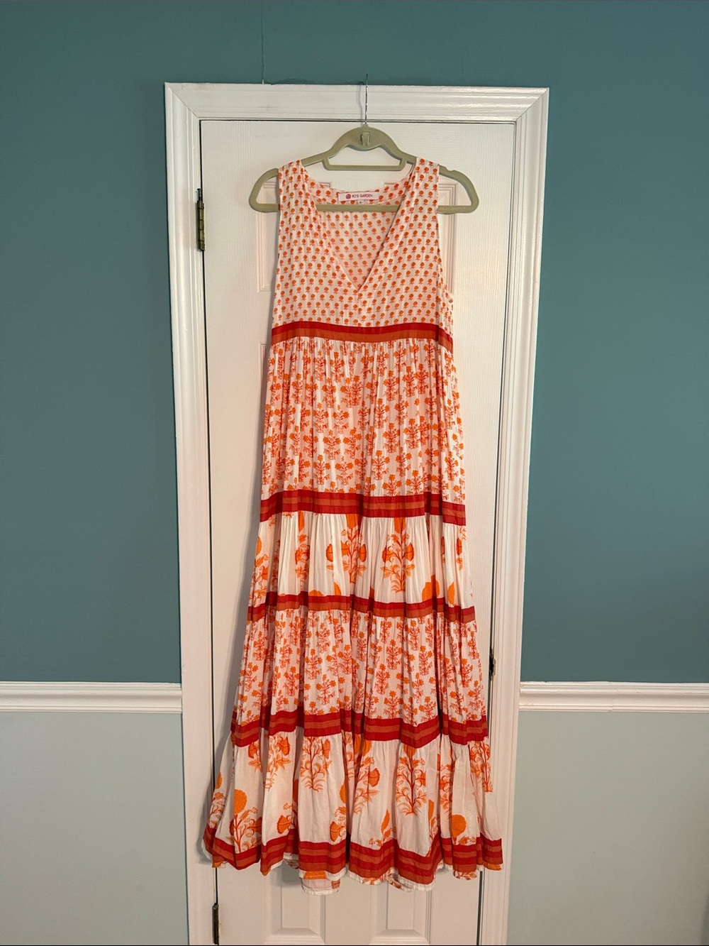 Sleeveless Orange Floral Maxi Dress with Red Banding